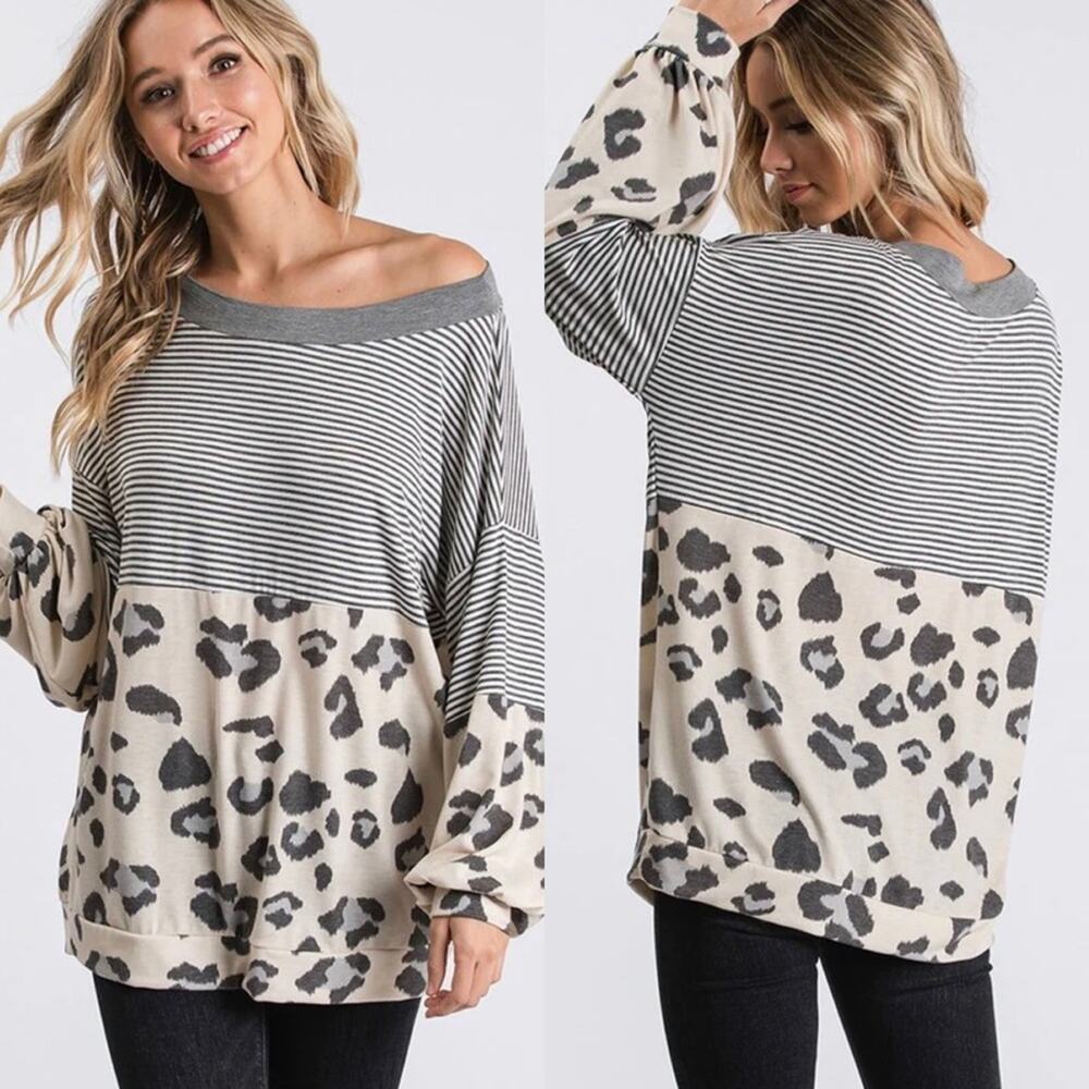 CY FASHION • Boutique Gray Striped + Leopard Long Sleeve Oversized Top
